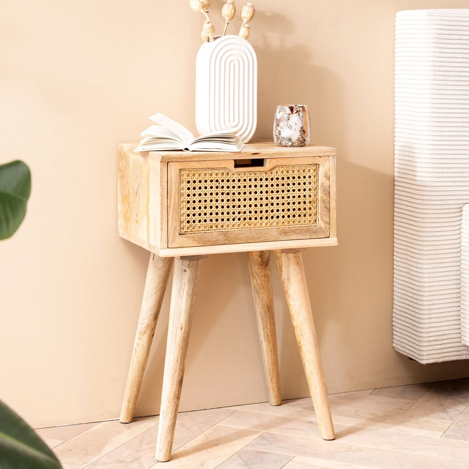 FineBuy Nachtkonsole Mango Massivholz mit Rattan & Schublade, 40 × 60 × 30 cm