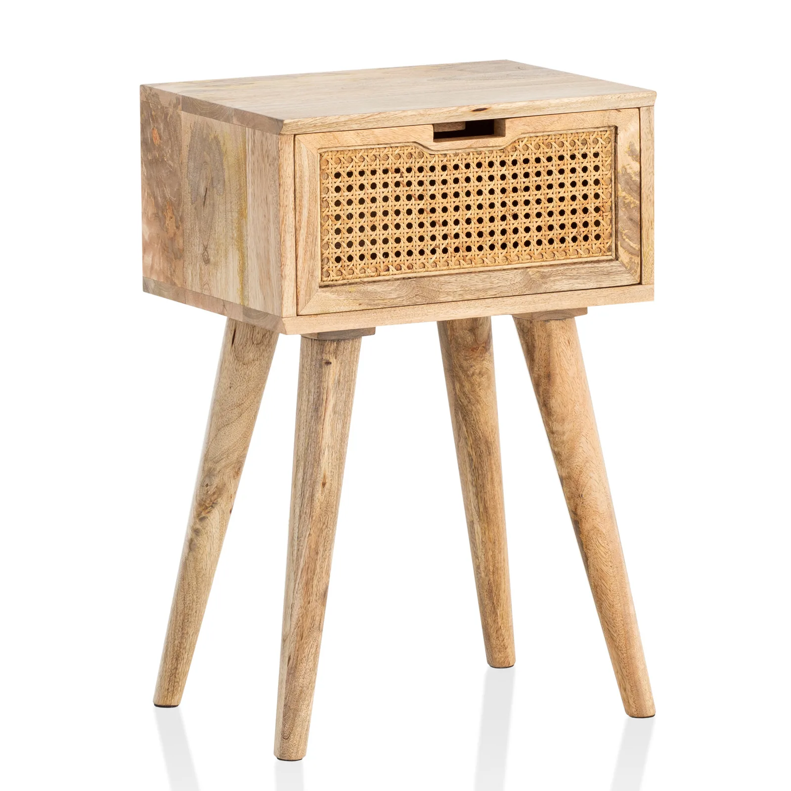 FineBuy Nachtkonsole Mango Massivholz mit Rattan & Schublade, 40 × 60 × 30 cm
