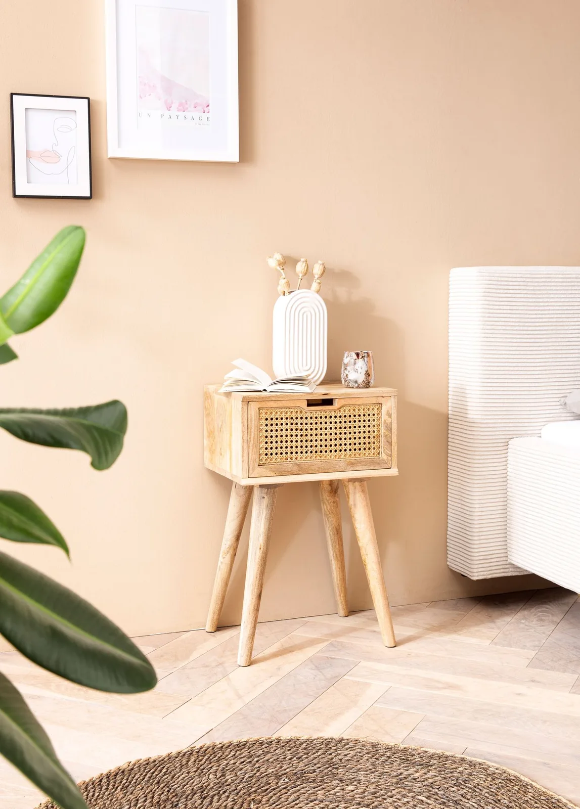 FineBuy Nachtkonsole Mango Massivholz mit Rattan & Schublade, 40 × 60 × 30 cm