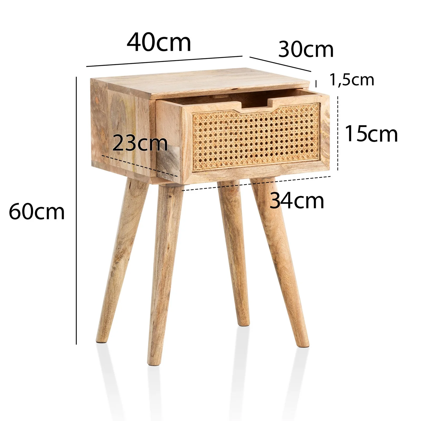 FineBuy Nachtkonsole Mango Massivholz mit Rattan & Schublade, 40 × 60 × 30 cm