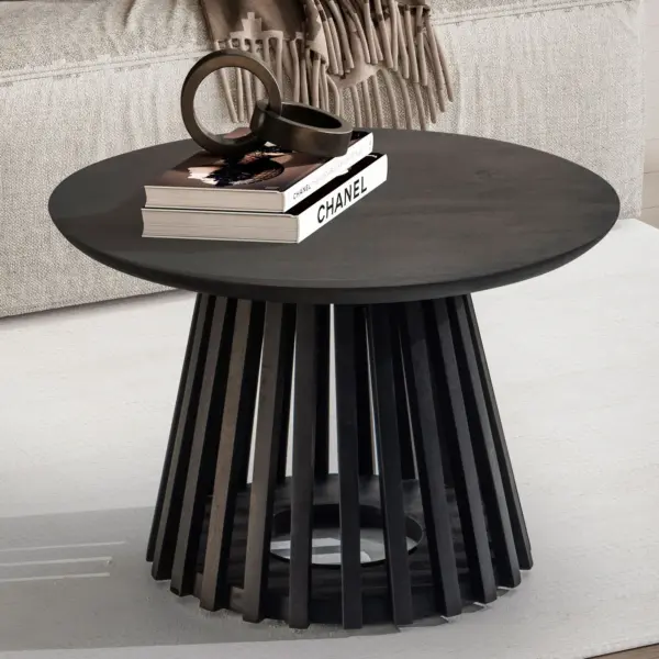 FineBuy Couchtisch Mango Massivholz rund Ø 60 cm Schwarz · Moderner Wohnzimmertisch mit offenem Gittergestell · Handgefertigter Sofatisch im Fächer Japandi Design aus Echtholz