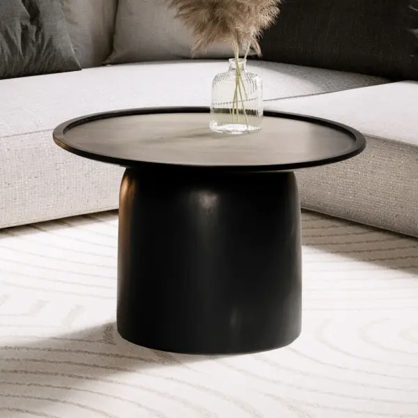 FineBuy Couchtisch Mango Massivholz rund Ø 60 cm · Schwarzer Wohnzimmertisch im modernen Design · Handgefertigter Sofatisch mit Tonnen Fuß