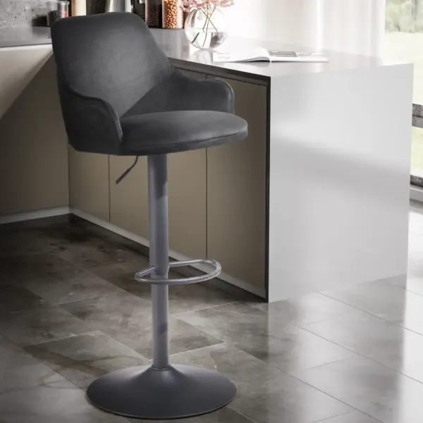 FineBuy Barhocker Samt Hocker mit Lehne 86 – 106 cm, Küchenhocker Höhenverstellbar Modern 100 kg, Barstuhl Tresenhocker mit Metall-Trompetenfuß, Bistrohocker Gepolstert mit Armlehne