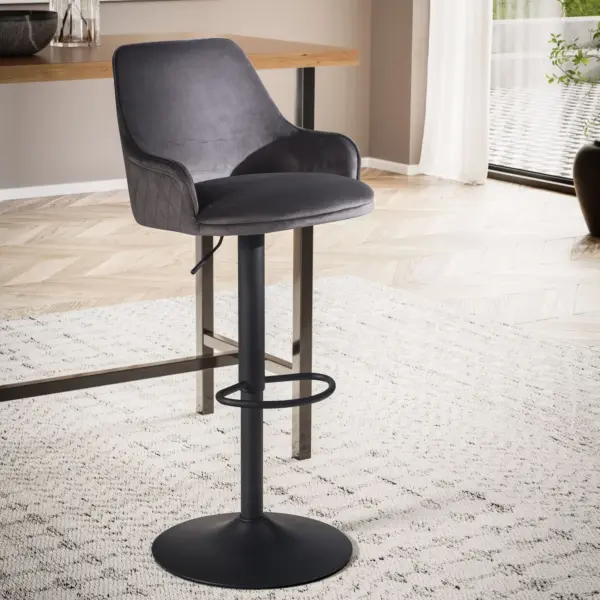 FineBuy Barhocker Samt Hocker mit Lehne 86 – 106 cm, Küchenhocker Höhenverstellbar Modern 100 kg, Barstuhl Tresenhocker mit Metall-Trompetenfuß, Bistrohocker Gepolstert mit Armlehne