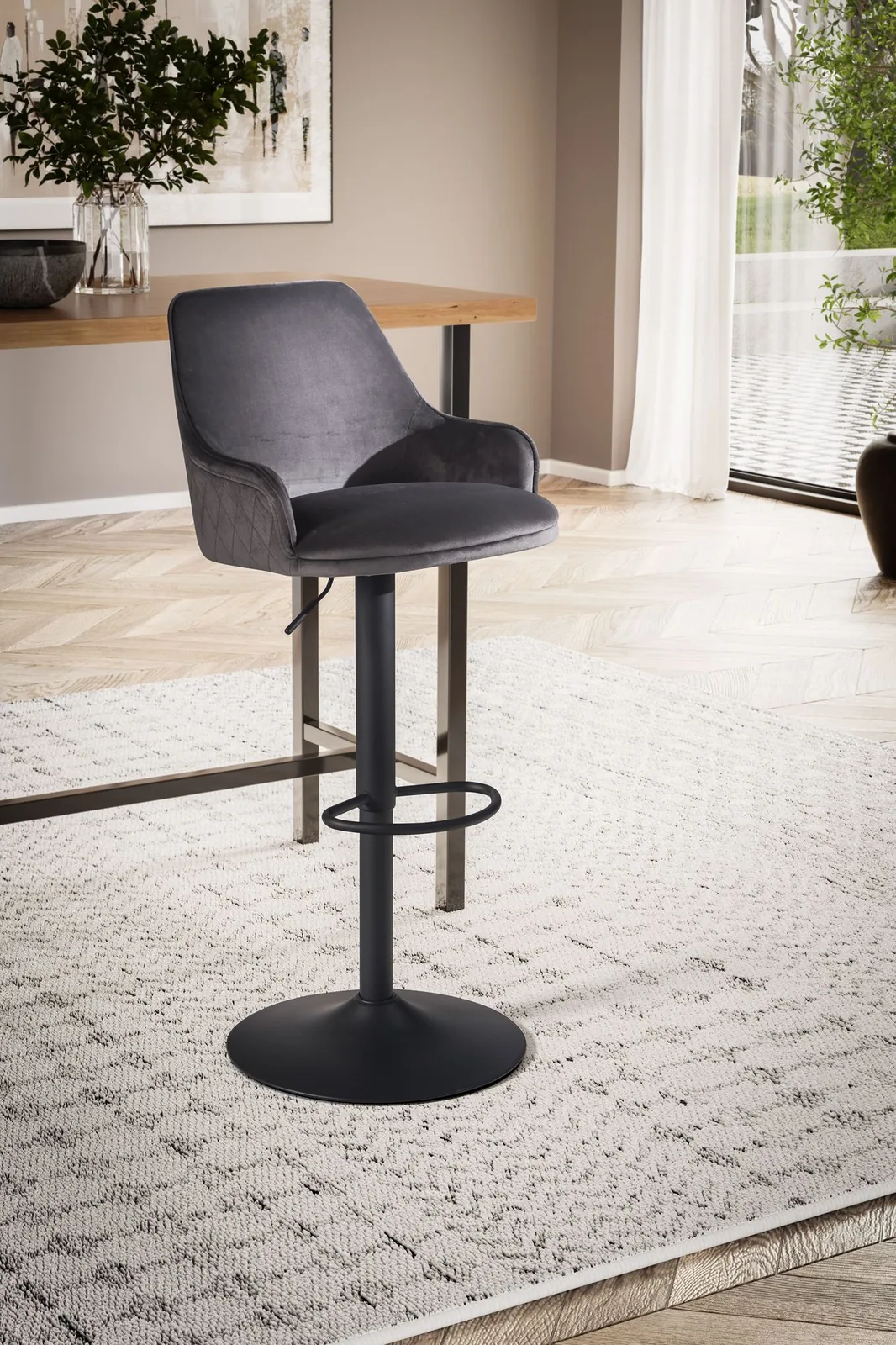 FineBuy Barhocker Samt Hocker mit Lehne 86 - 106 cm, Küchenhocker Höhenverstellbar Modern 100 kg, Barstuhl Tresenhocker mit Metall-Trompetenfuß, Bistrohocker Gepolstert mit Armlehne