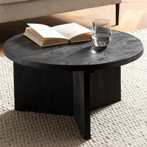 FineBuy Couchtisch Mango Massivholz rund Ø 60 cm Schwarz · Moderner Wohnzimmertisch mit strukturierter Oberfläche · Handgefertigter Sofatisch mit markantem Holzgestell