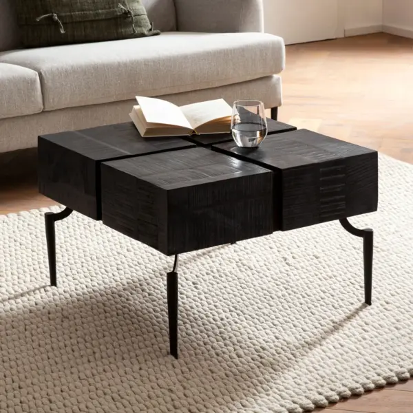 FineBuy Couchtisch Akazie Massivholz quadratisch, Schwarz – 60 × 60 cm