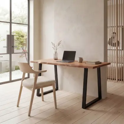 FineBuy Schreibtisch Akazie Massivholz / Metall Computertisch Baumkante, Homeoffice Bürotisch Massiv mit Trapezbeinen in Schwarz, Holztisch Laptoptisch Arbeitszimmer