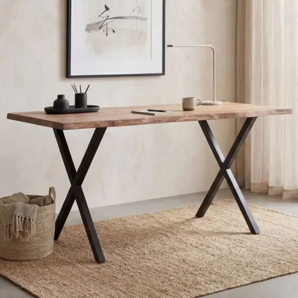 FineBuy Schreibtisch Akazie Massivholz / Metall Computertisch Baumkante, Homeoffice Bürotisch Massiv mit X-Beinen in Schwarz, Holztisch Laptoptisch Arbeitszimmer