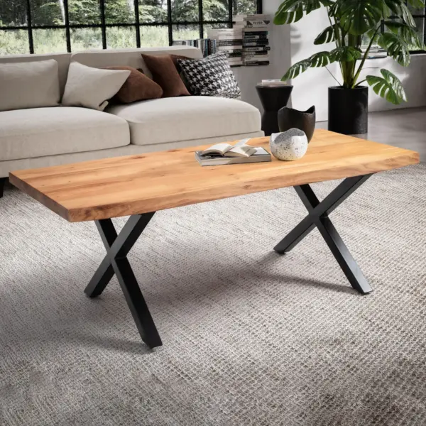 FineBuy Couchtisch Akazie Massivholz 120 cm rechteckig · Wohnzimmertisch mit natürlicher Baumkante und schwarzem X-Gestell aus Metall · Handgefertigter Industrial Tisch