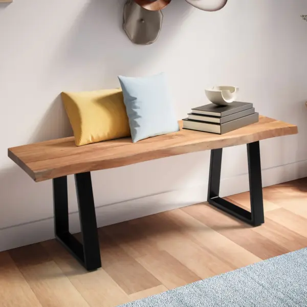 FineBuy Sitzbank 120 cm Massivholz ohne Lehne Baumkante Akazie – Bank für Garderobe – Garderobenbank – Flurbank Holzbank Handmade Gestell Schwarz
