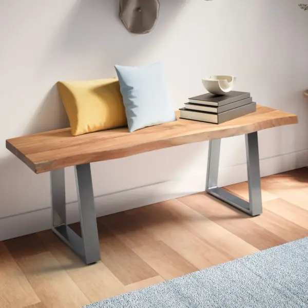 FineBuy Sitzbank 120 cm Massivholz ohne Lehne Baumkante Akazie – Bank für Garderobe – Garderobenbank – Flurbank Holzbank Trapez- Gestell Silber