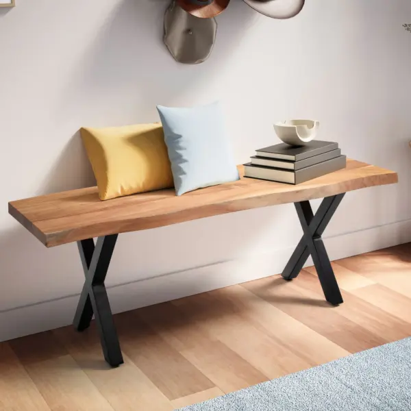 FineBuy Sitzbank 120 cm Massivholz ohne Lehne Baumkante Akazie – Bank für Garderobe – Garderobenbank – Flurbank Holzbank X- Gestell Schwarz