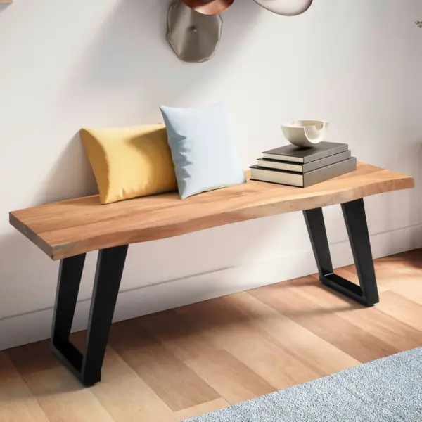 FineBuy Sitzbank 120 cm Massivholz ohne Lehne Baumkante Akazie – Bank für Garderobe – Garderobenbank – Flurbank Holzbank Handmade – Gestell Schwarz