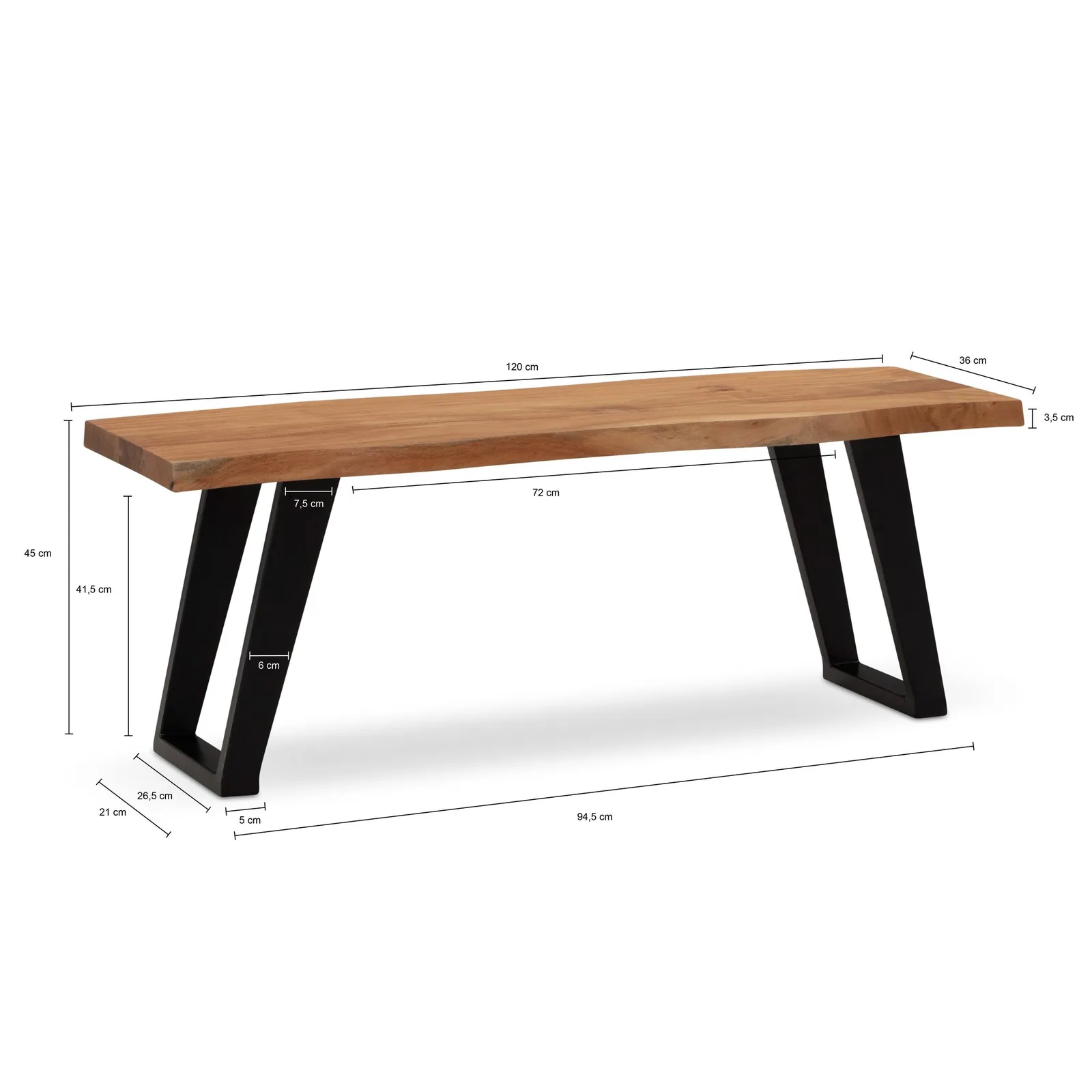 FineBuy Sitzbank 120 cm Massivholz ohne Lehne Baumkante Akazie - Bank für Garderobe - Garderobenbank - Flurbank Holzbank Handmade - Gestell Schwarz