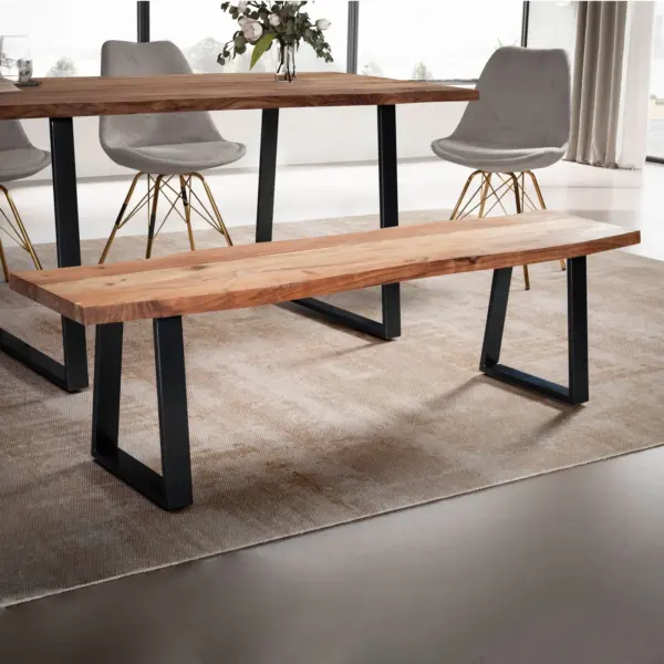 FineBuy Esszimmerbank 180x40x45,5 cm Akazie Massivholz / Metall mit Baumkante, Esstischbank Holzbank Massiv ohne Lehne, Küchenbank Essbank Modern, Sitzbank Esszimmer Groß