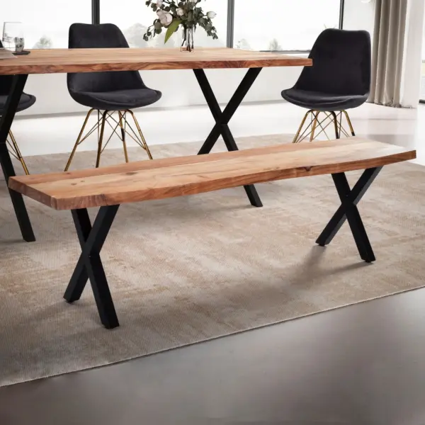 FineBuy Esszimmerbank 180x40x45,5 cm Akazie Massivholz / Metall mit Baumkante, Esstischbank Modern, Holzbank Massiv ohne Lehne, Küchenbank Essbank mit X-Beinen, Sitzbank Esszimmer Groß