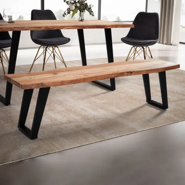 FineBuy Esszimmerbank 180x40x45,5 cm Akazie Massivholz / Metall mit Baumkante, Esstischbank Modern, Holzbank Massiv ohne Lehne, Küchenbank Essbank mit U-Beinen, Sitzbank Esszimmer Groß