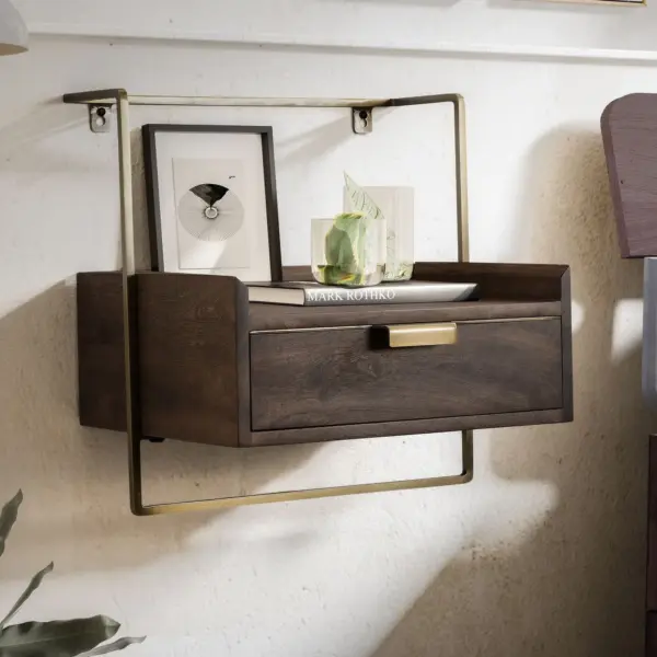 FineBuy Nachtkonsole zur Wandmontage aus Mango Massivholz mit Schublade, Braun – 44 × 45 × 35 cm