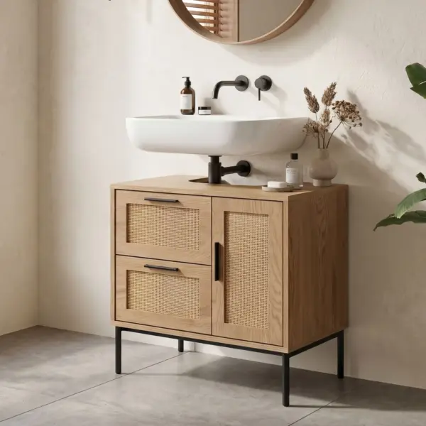 FineBuy Waschbeckenunterschrank Eiche-Optik 60x60x40 cm mit Tür und Schubladen, Badezimmerschrank mit Rattangeflecht, Unterschrank Stehend, Badschrank Midischrank Klein Waschtisch FineBuy Waschbeckenunterschrank Eiche-Optik 60x60x40 cm mit Tür und Schubladen, Badezimmerschrank mit Rattangeflecht, Unterschrank Stehend, Badschrank Midischrank Klein Waschtisch