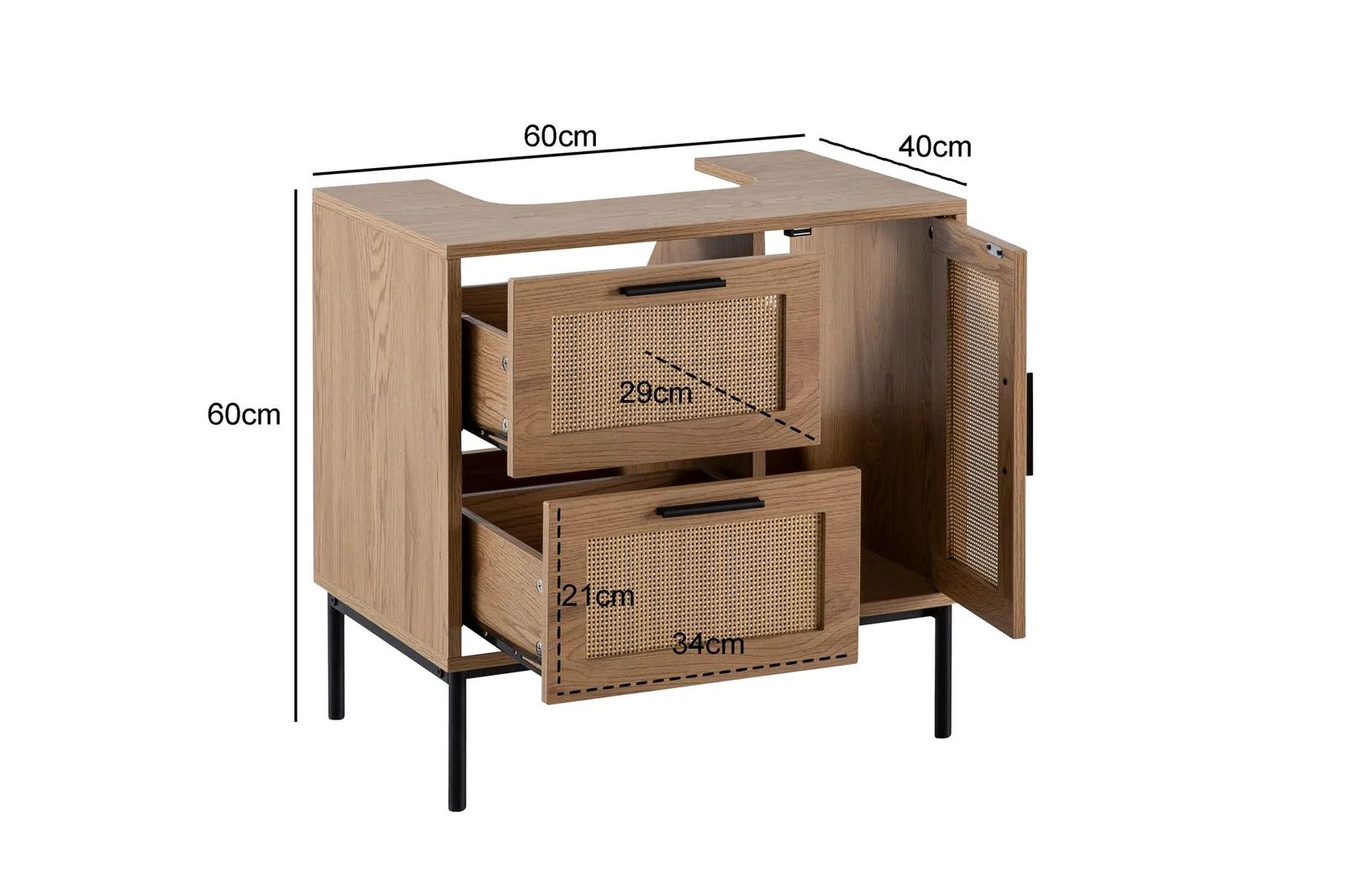 FineBuy Waschbeckenunterschrank Eiche-Optik 60x60x40 cm mit Tür und Schubladen, Badezimmerschrank mit Rattangeflecht, Unterschrank Stehend, Badschrank Midischrank Klein Waschtisch