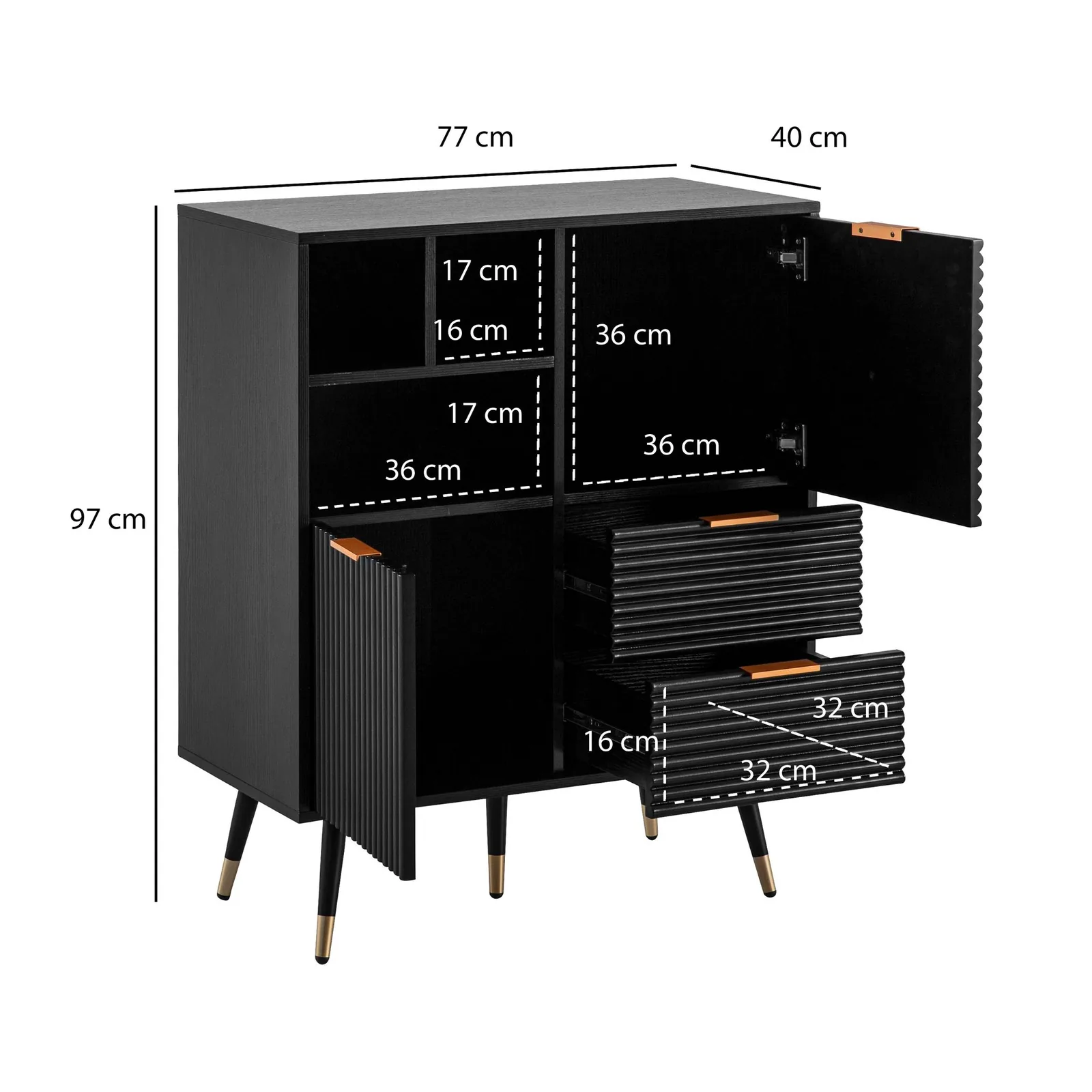 FineBuy Sideboard, Schwarz – 77 × 97 × 40 cm