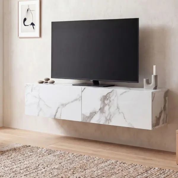 FineBuy Lowboard Hängend Marmor-Optik, Weiß – 120 × 30 × 30 cm