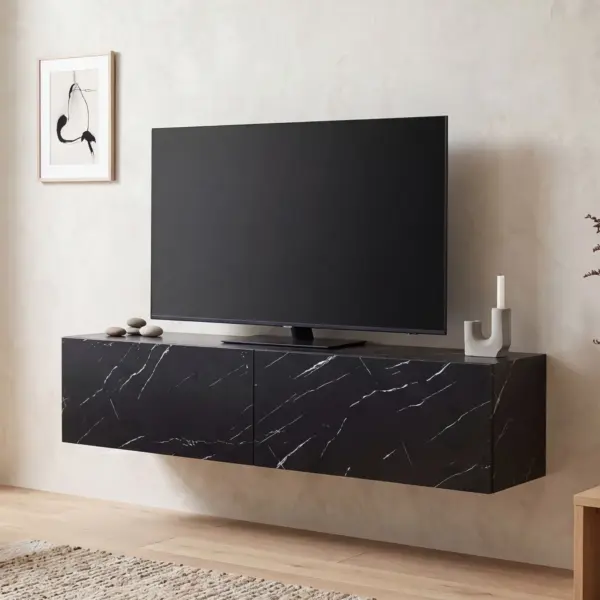 FineBuy Lowboard Hängend Marmor-Optik, Schwarz – 120 × 30 × 30 cm