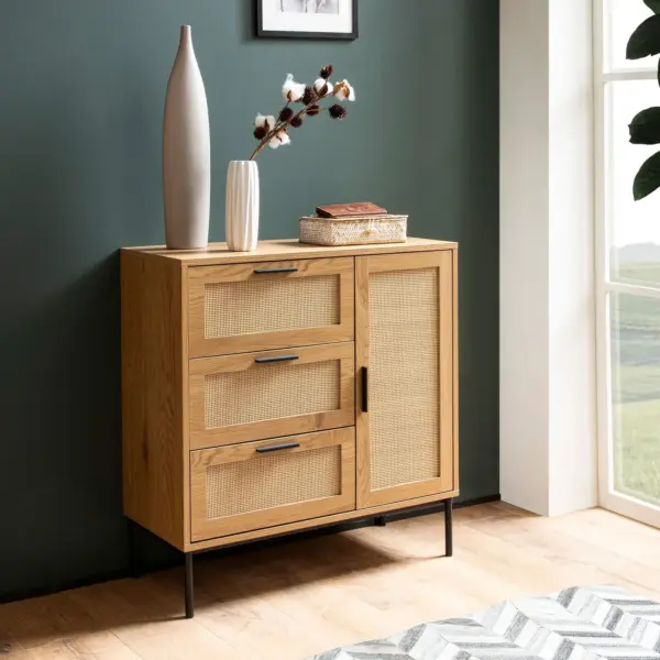Kommode in Eiche Dekor 80 cm Sideboard mit 3 Schubladen & 1 Tür aus Wiener Rattan Geflecht Design Highboard – Schubladenkommode