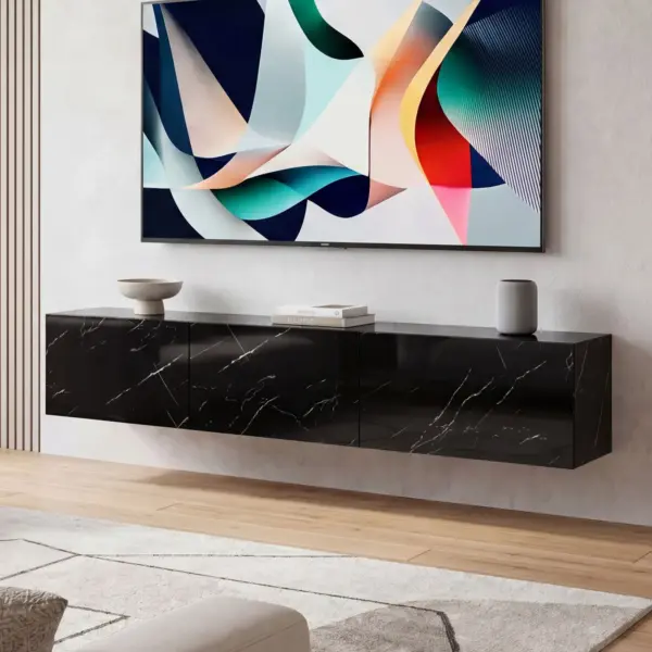 FineBuy Lowboard Hängend Marmor-Optik, Schwarz – 160 × 30 × 30 cm