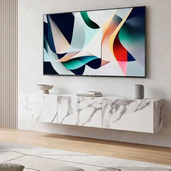 FineBuy Lowboard Hängend Marmor-Optik, Weiß – 160 × 30 × 30 cm