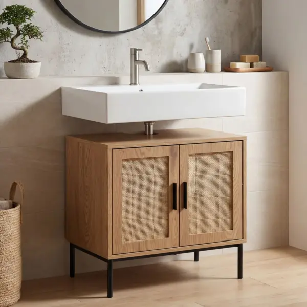 FineBuy Waschbeckenunterschrank Eiche-Optik 60x60x40 cm mit Türen, Badezimmerschrank mit Rattangeflecht, Unterschrank Stehend, Badschrank Midischrank Klein Waschtisch FineBuy Waschbeckenunterschrank Eiche-Optik 60x60x40 cm mit Türen, Badezimmerschrank mit Rattangeflecht, Unterschrank Stehend, Badschrank Midischrank Klein Waschtisch