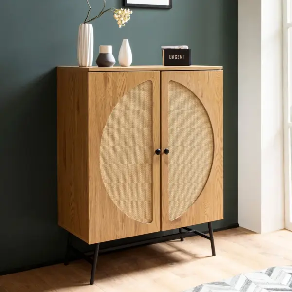 Kommode in Eiche Dekor 80 cm Sideboard mit 2 Türen aus Wiener Rattan Geflecht Design Highboard