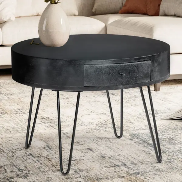 FineBuy Couchtisch Mango Massivholz Schwarz rund Ø 60 cm – Wohnzimmertisch mit Schublade & schwarzen Hairpin Beinen | Retro Design Holztisch handgefertigt