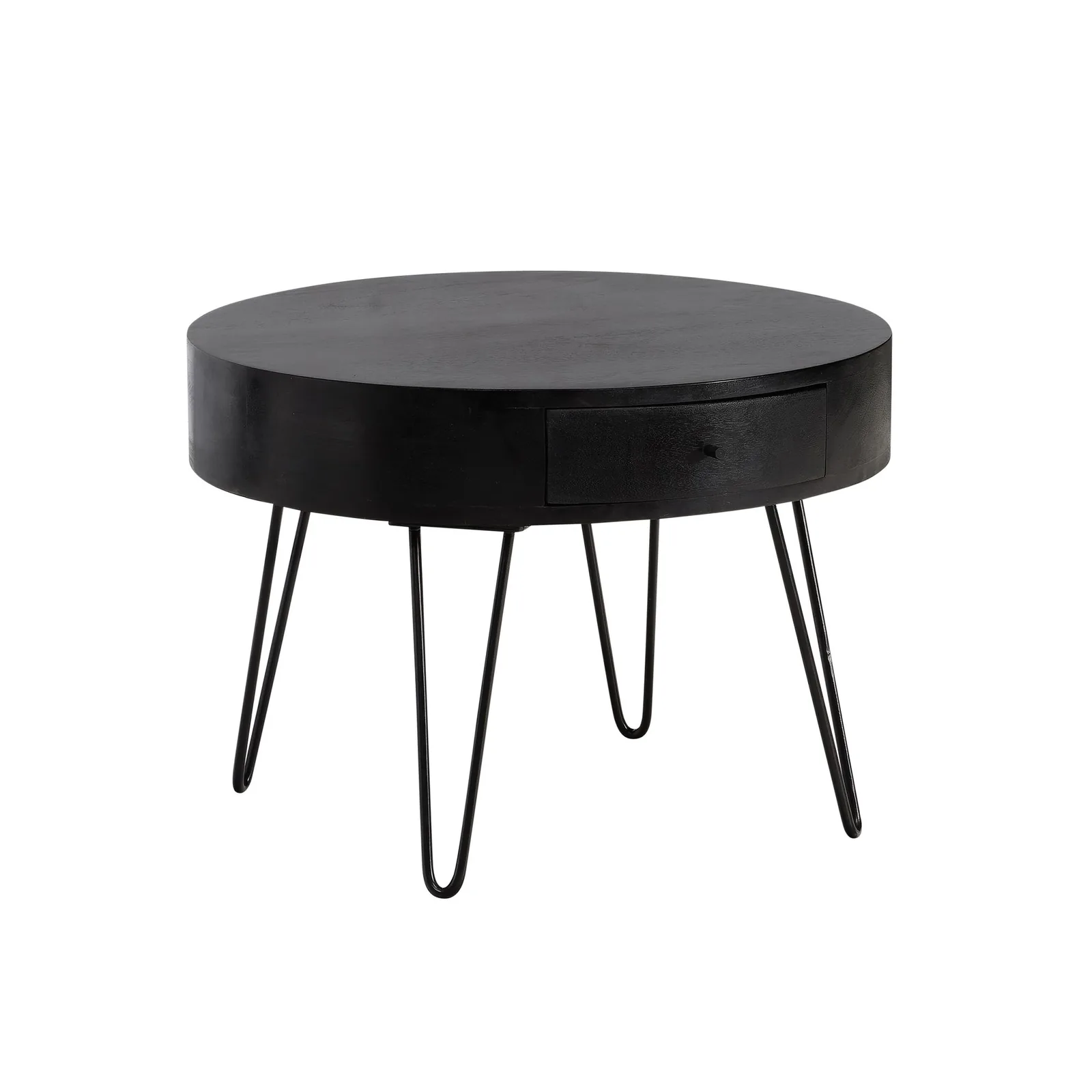 FineBuy Couchtisch Mango Massivholz Schwarz rund Ø 60 cm – Wohnzimmertisch mit Schublade & schwarzen Hairpin Beinen | Retro Design Holztisch handgefertigt