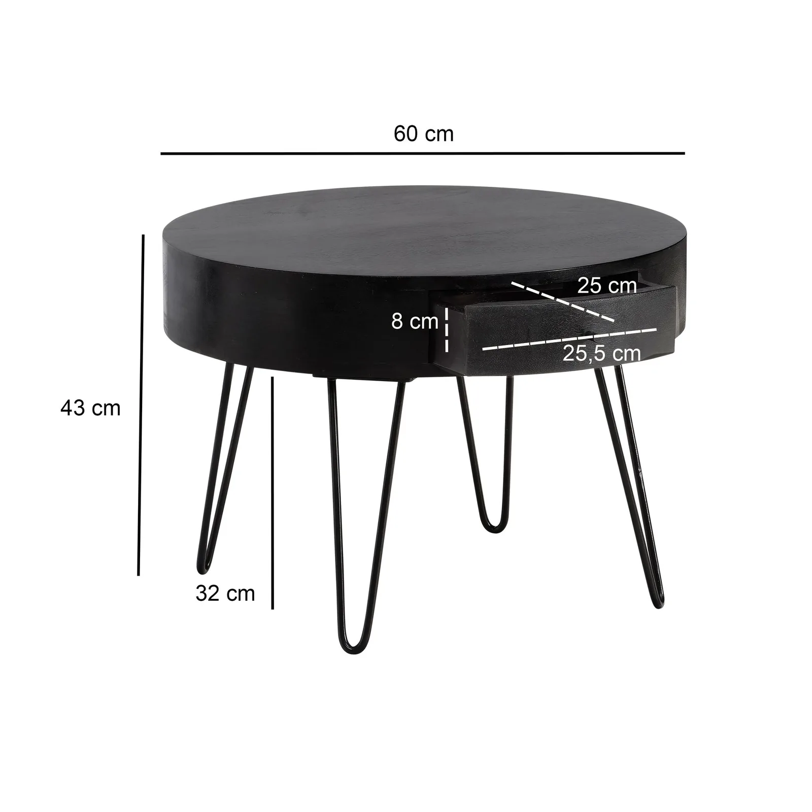 FineBuy Couchtisch Mango Massivholz Schwarz rund Ø 60 cm – Wohnzimmertisch mit Schublade & schwarzen Hairpin Beinen | Retro Design Holztisch handgefertigt