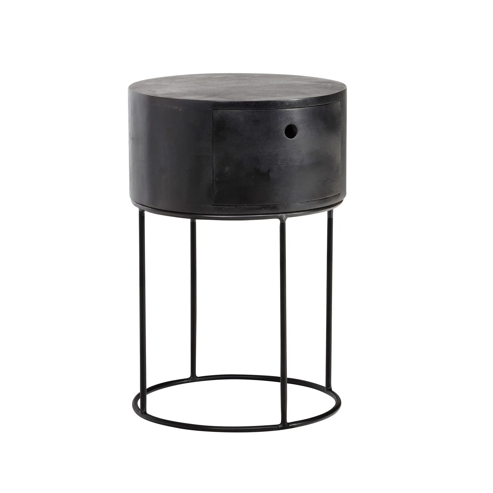 FineBuy Nachtkonsole rund aus Massivholz mit Metallgestell und Schublade, 40 × 40 × 60 cm