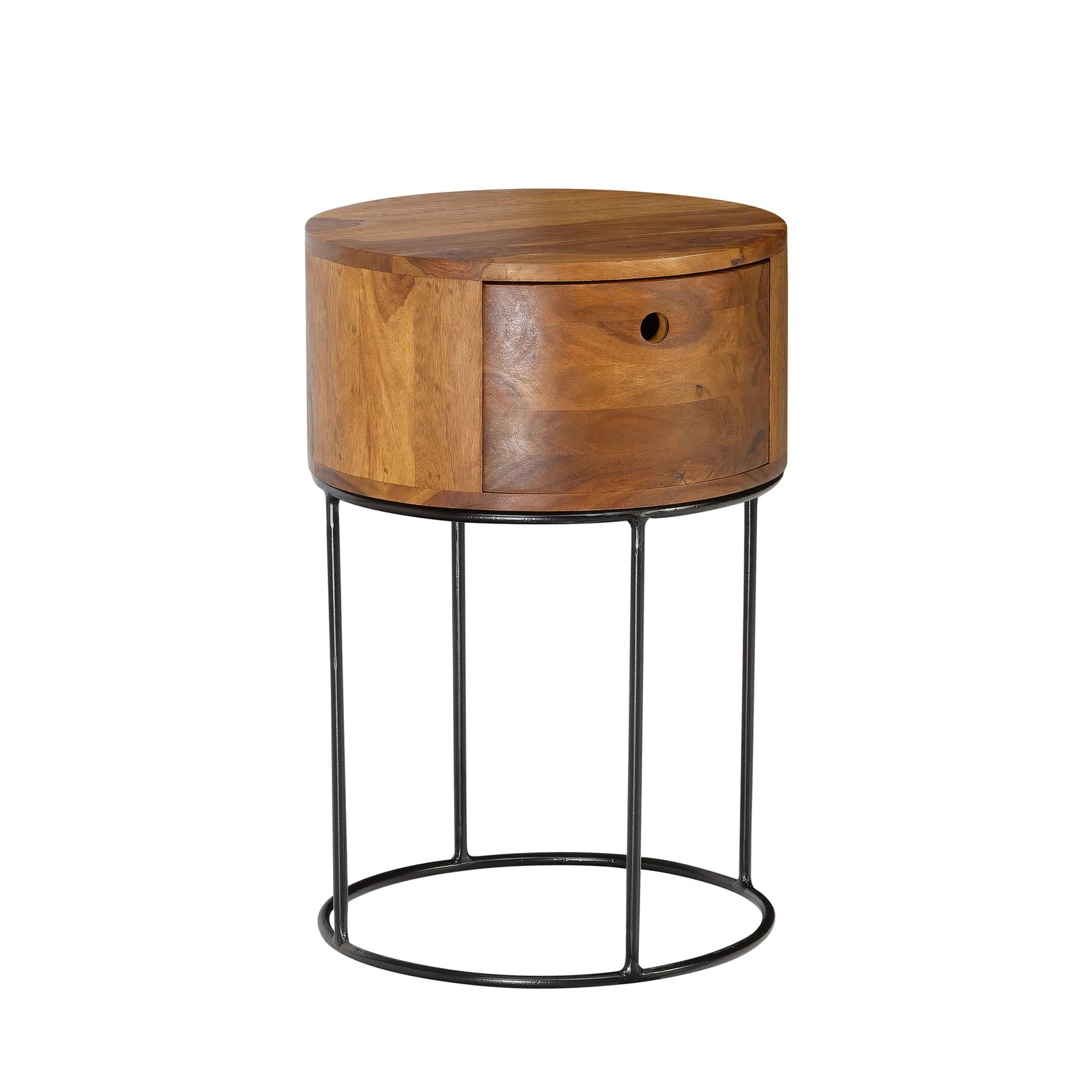 FineBuy Nachtkonsole rund aus Massivholz mit Metallgestell und Schublade, 40 × 40 × 60 cm