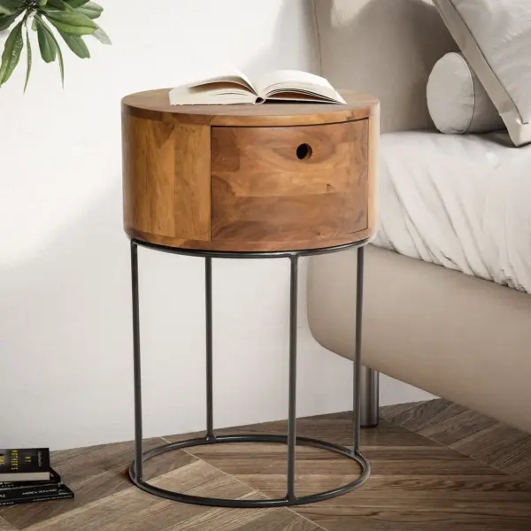 FineBuy Nachtkonsole rund aus Massivholz mit Metallgestell und Schublade, 40 × 40 × 60 cm