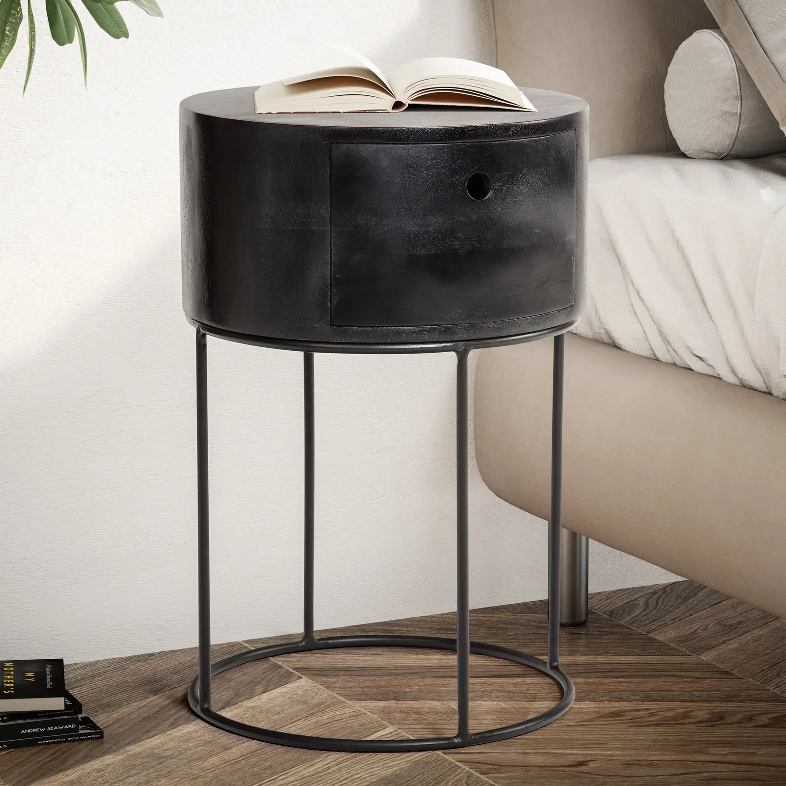 FineBuy Nachtkonsole rund aus Massivholz mit Metallgestell und Schublade, 40 × 40 × 60 cm