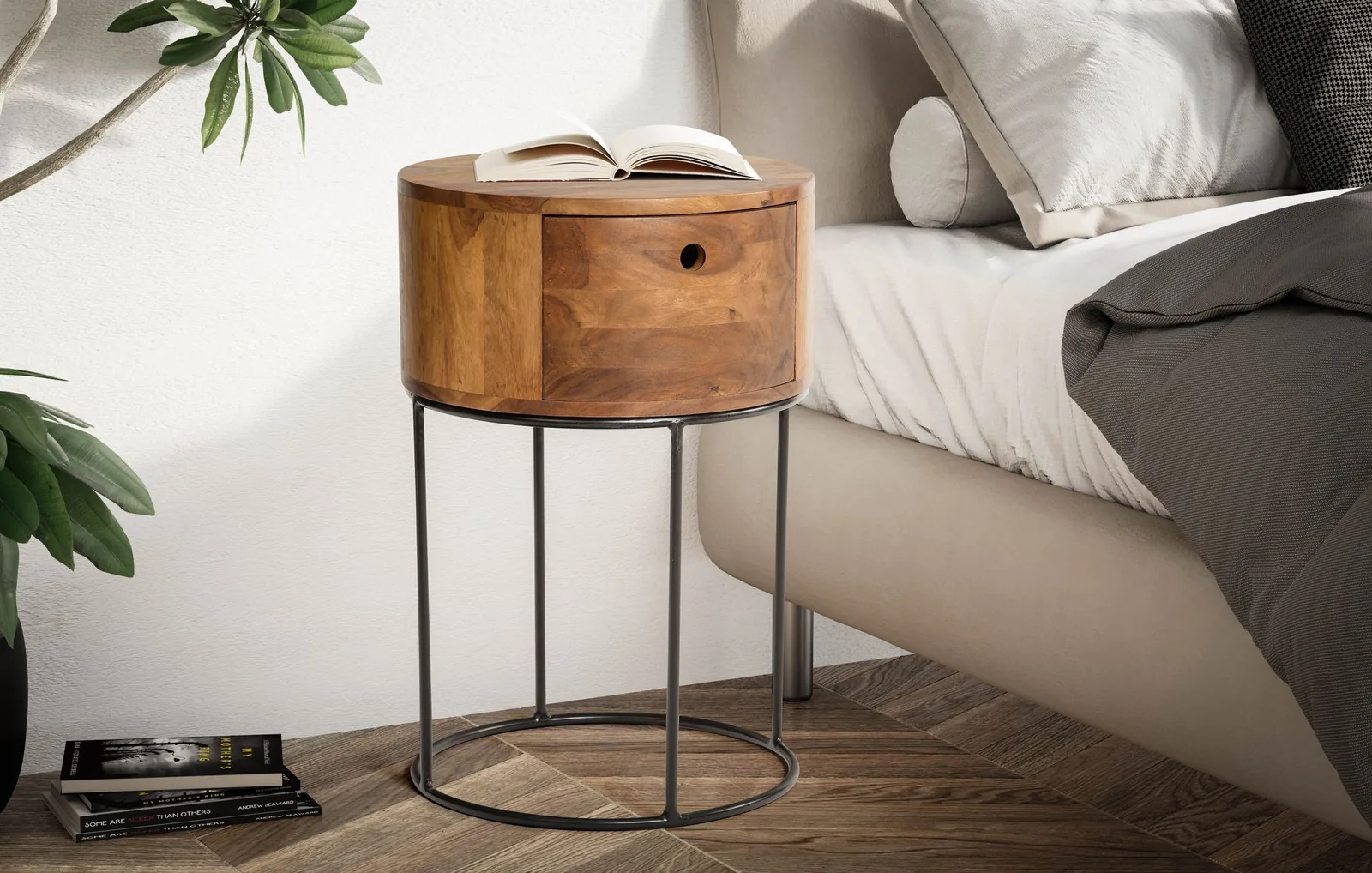 FineBuy Nachtkonsole rund aus Massivholz mit Metallgestell und Schublade, 40 × 40 × 60 cm