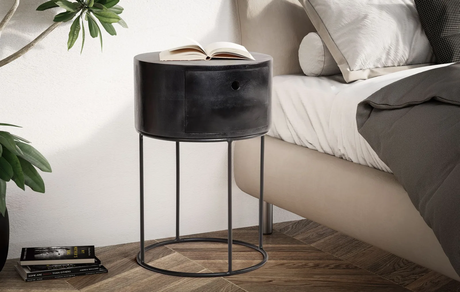 FineBuy Nachtkonsole rund aus Massivholz mit Metallgestell und Schublade, 40 × 40 × 60 cm