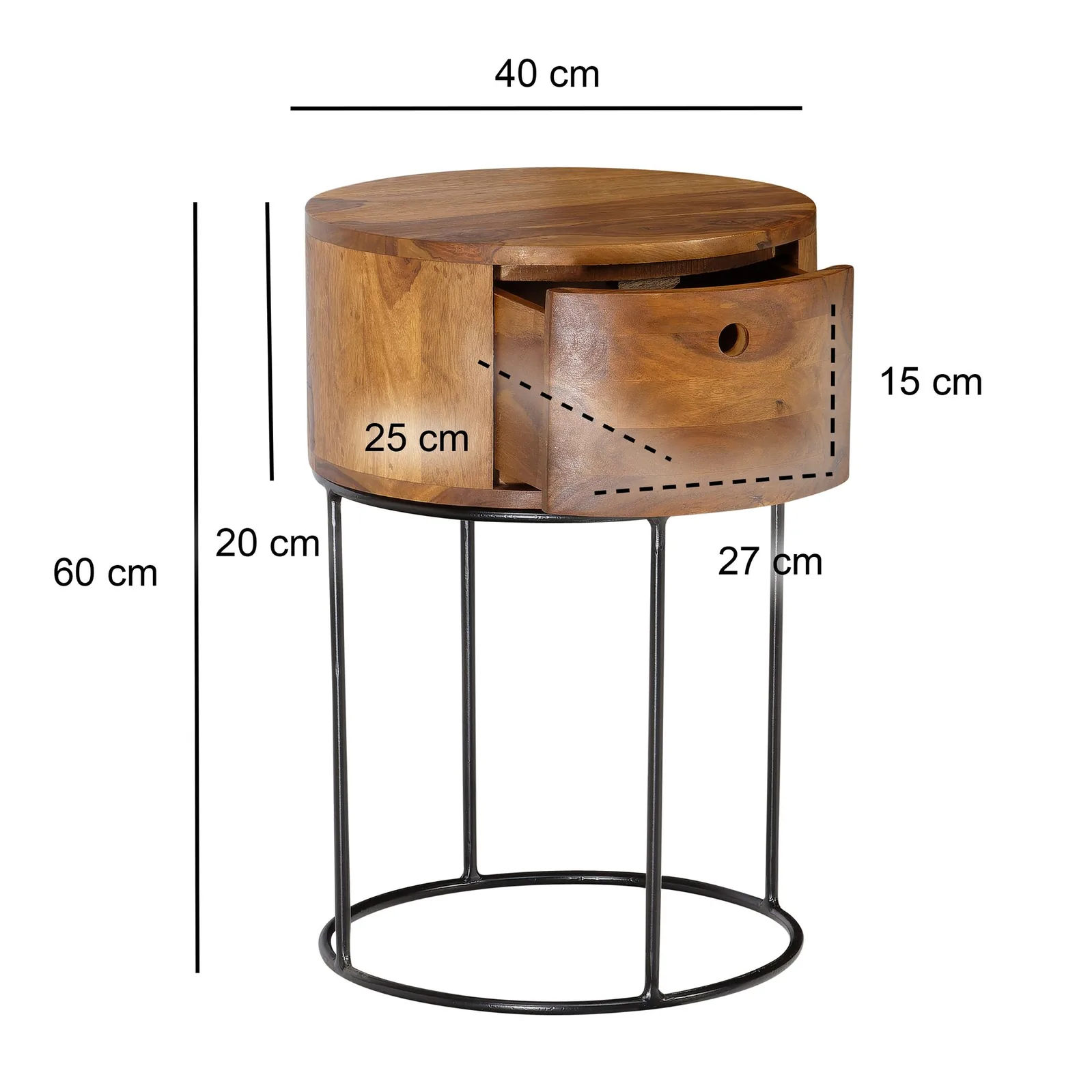 FineBuy Nachtkonsole rund aus Massivholz mit Metallgestell und Schublade, 40 × 40 × 60 cm