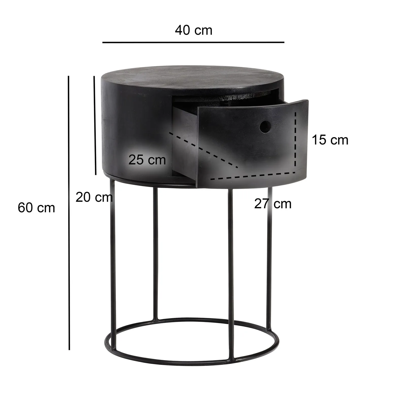 FineBuy Nachtkonsole rund aus Massivholz mit Metallgestell und Schublade, 40 × 40 × 60 cm