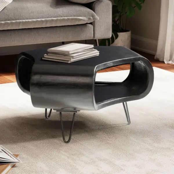 FineBuy Couchtisch Mango Massivholz 60cm Schwarz – Wohnzimmertisch mit Ablagefach und Metallbeinen | Design Tisch in Handarbeit | Retro Stil aus echtem Massivholz
