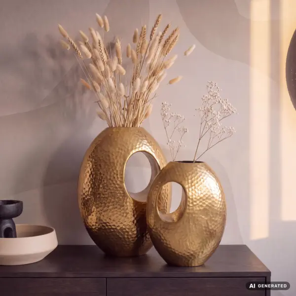 FineBuy Deko Vase 2er Set Aluminium mit Tragegriff Blumenvase Modern, Hammerschlag Dekovase 2-teilig für Blumen, Alu Tischvase Handgefertigt