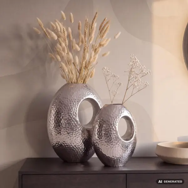 FineBuy Deko Vase 2er Set Aluminium mit Tragegriff Blumenvase Modern, Hammerschlag Dekovase 2-teilig für Blumen, Alu Tischvase Handgefertigt