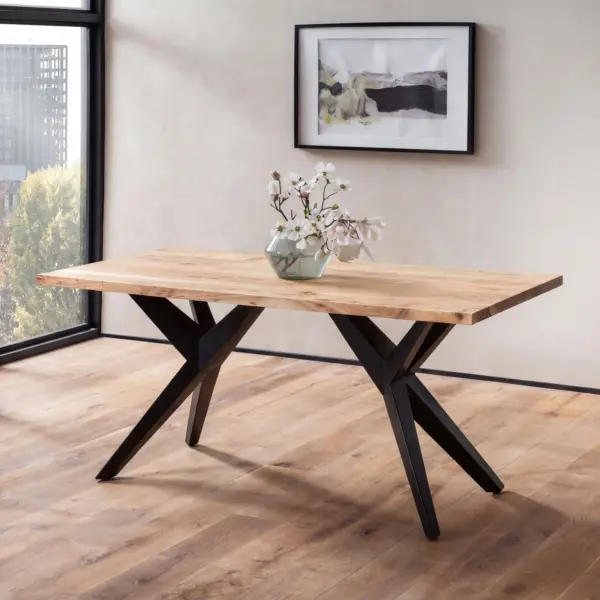 FineBuy Esstisch Akazie Massivholz mit Schwarzem Design Metallgestell, Braun