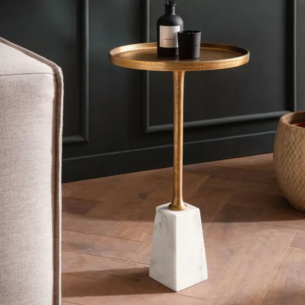 FineBuy Beistelltisch Echter Marmor Metall, Gold – 34 × 34 × 58 cm