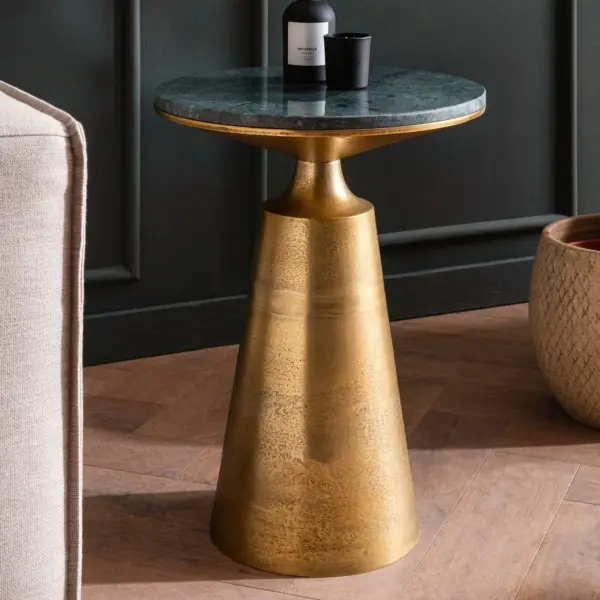 FineBuy Beistelltisch Echter Marmor Metall, Gold – 40 × 40 × 56,5 cm